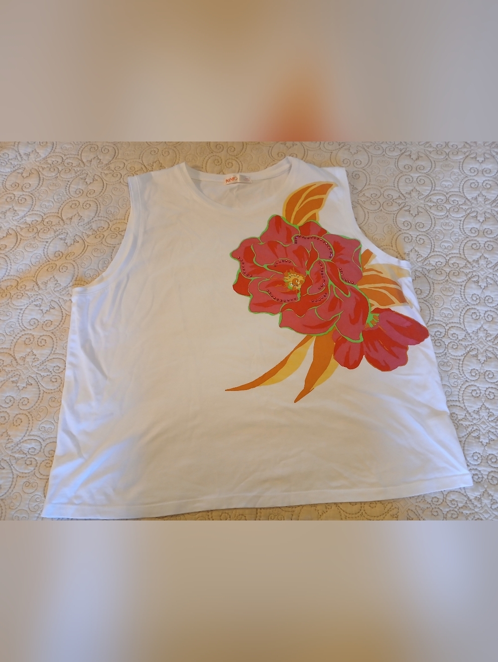 White Tank Top with Large Pink & Orange Floral Print Size XXL